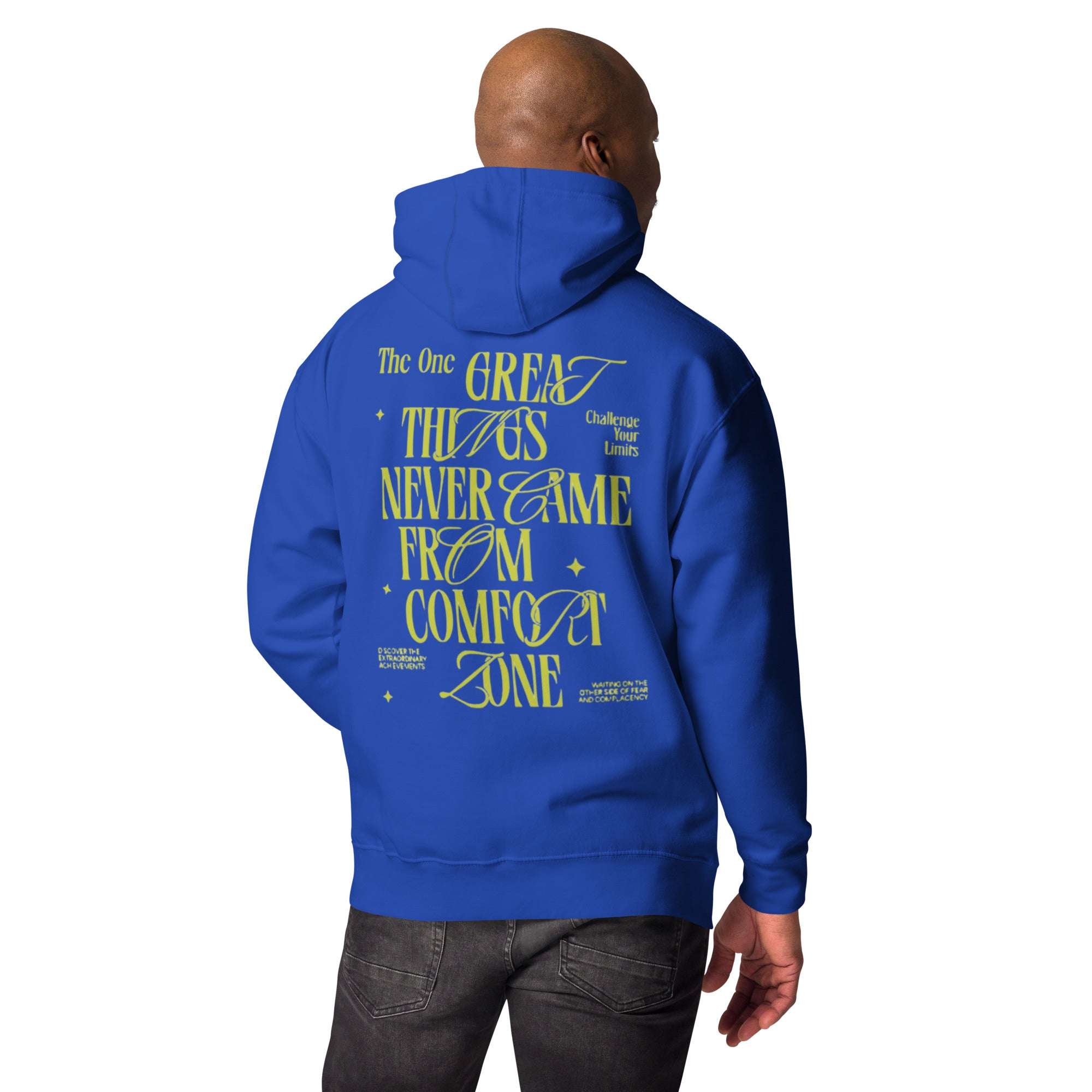 The One PR Blue Inspirational Hoodie: Great Things, Never Came From Comfort Zone, Men's Fashion