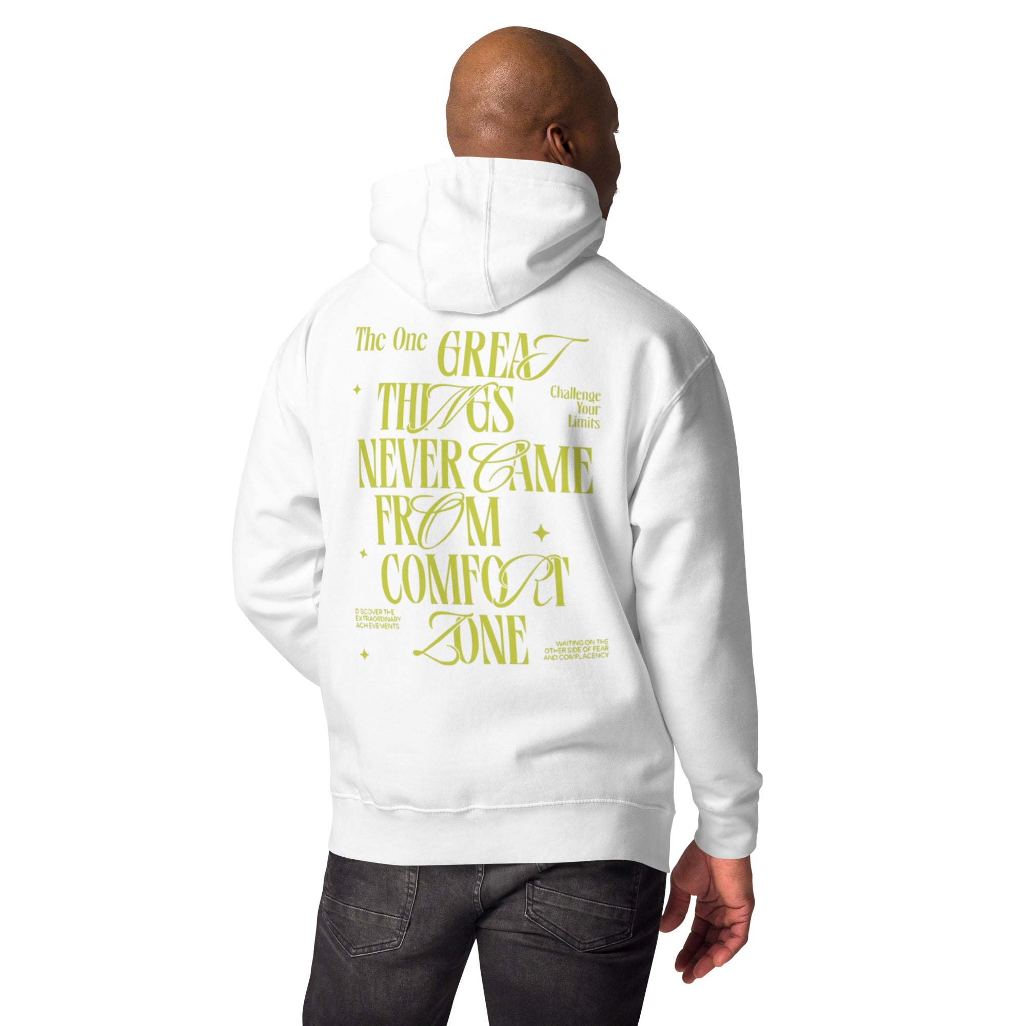 Motivational White Hoodie: Great Things Quote - Challenge Your Limits!
