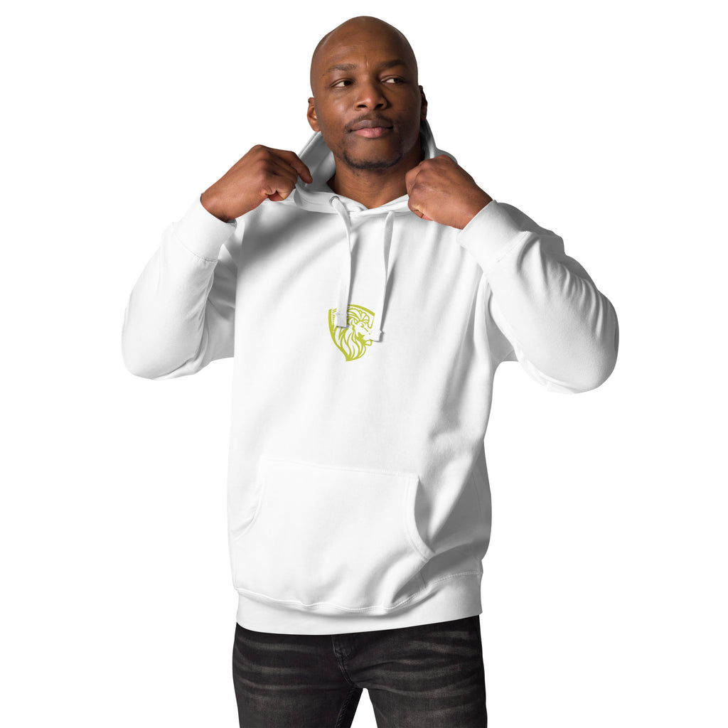 Men's white GREAT THINGS HOODIE with lion logo. Stylish apparel for casual wear. Front pocket and drawstrings.