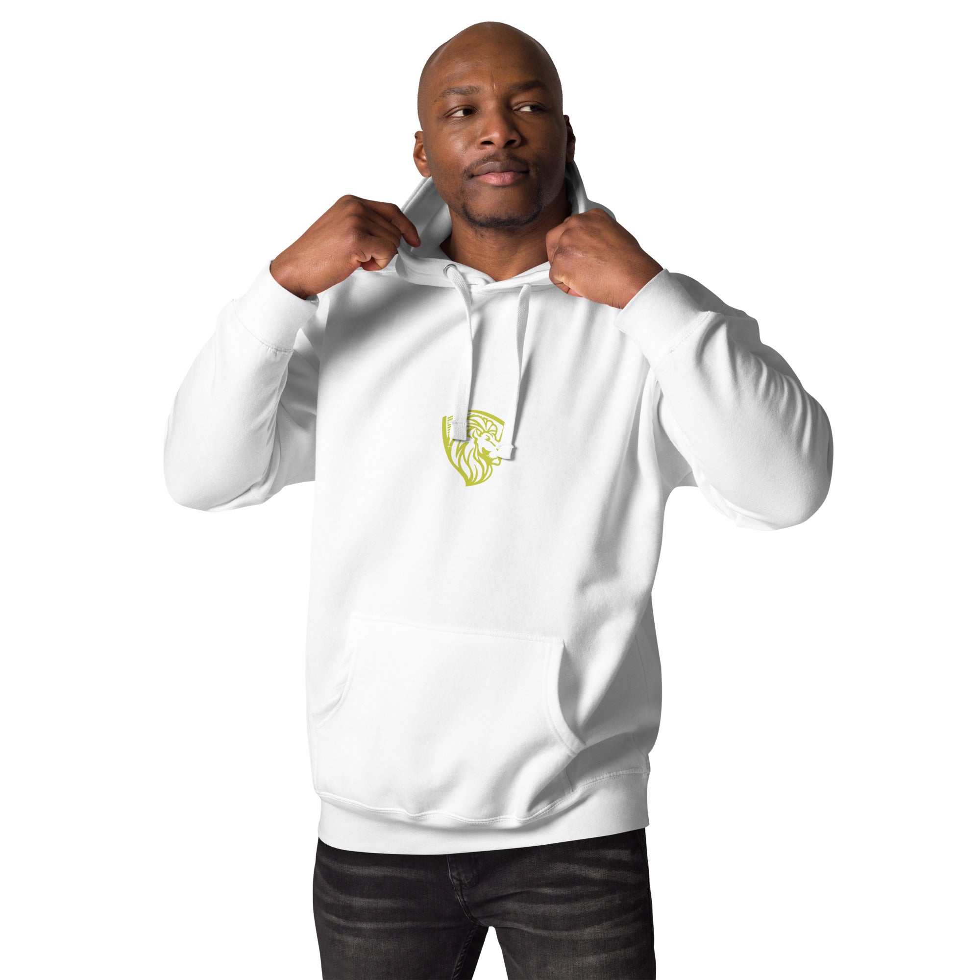 Men's white GREAT THINGS HOODIE with lion logo. Stylish apparel for casual wear. Front pocket and drawstrings.