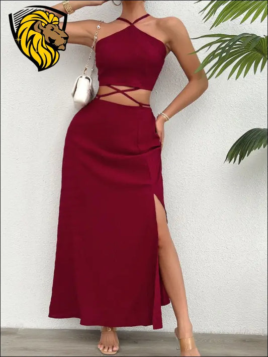 Devine Grecian Neck Top and Slit Skirt Set - Burgundy / S - Dresses