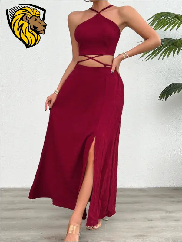 Devine Grecian Neck Top and Slit Skirt Set - Dresses