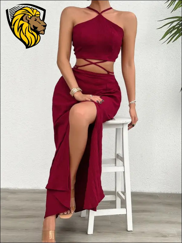 Devine Grecian Neck Top and Slit Skirt Set - Dresses