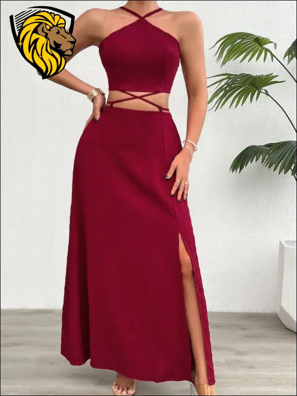 Devine Grecian Neck Top and Slit Skirt Set - Dresses