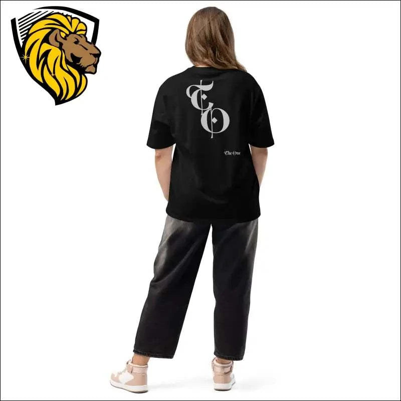 The One PR Black Oversized T-Shirt with "The One" logo on back. Unisex Heavyweight Cotton Tee Fashion.