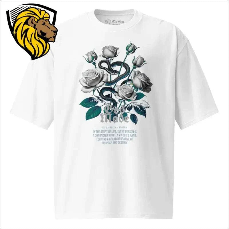 White God Made Oversized T-Shirt with snake and rose graphic, unisex heavy cotton, oversized fit
