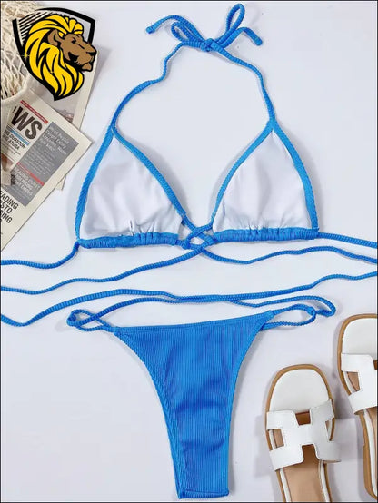 Halter Neck Crisscross Ribbed Bikini Set - Swimwear