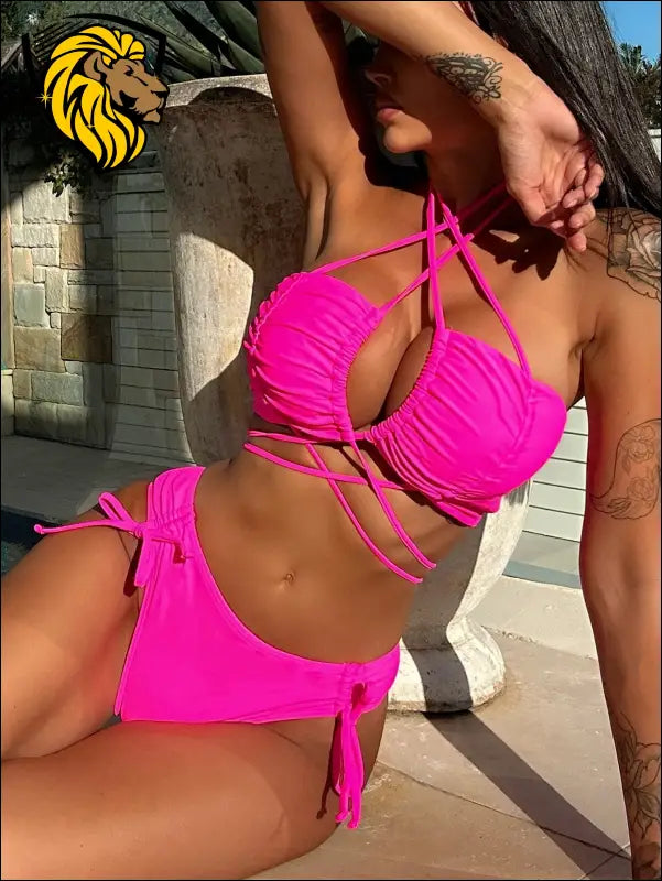 Halter Neck Drawstring Detail Bikini Set - Hot Pink / S - Swimwear