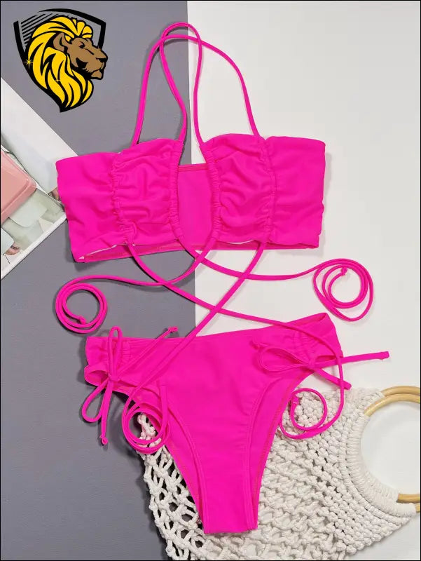 Halter Neck Drawstring Detail Bikini Set - Swimwear