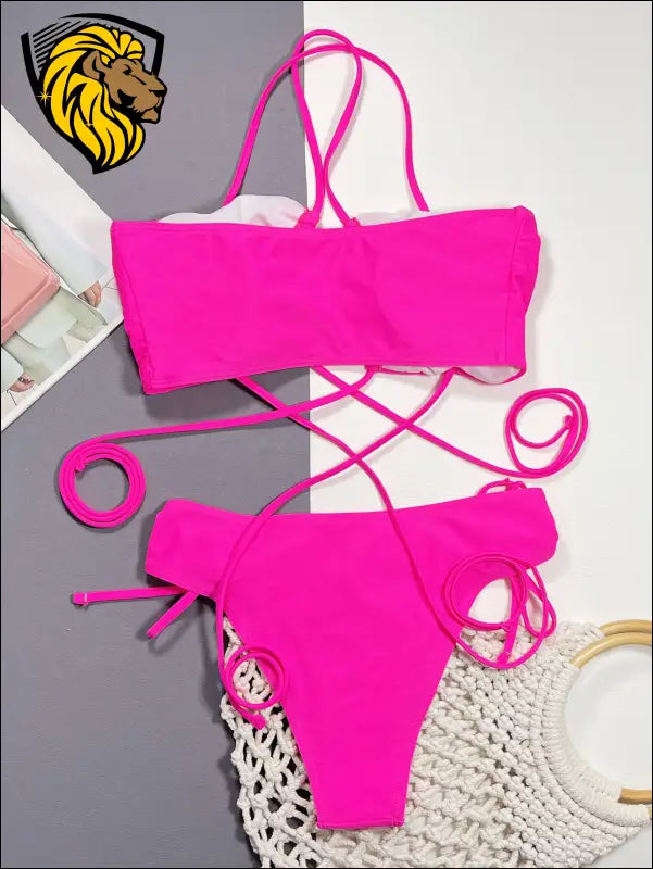 Halter Neck Drawstring Detail Bikini Set - Swimwear