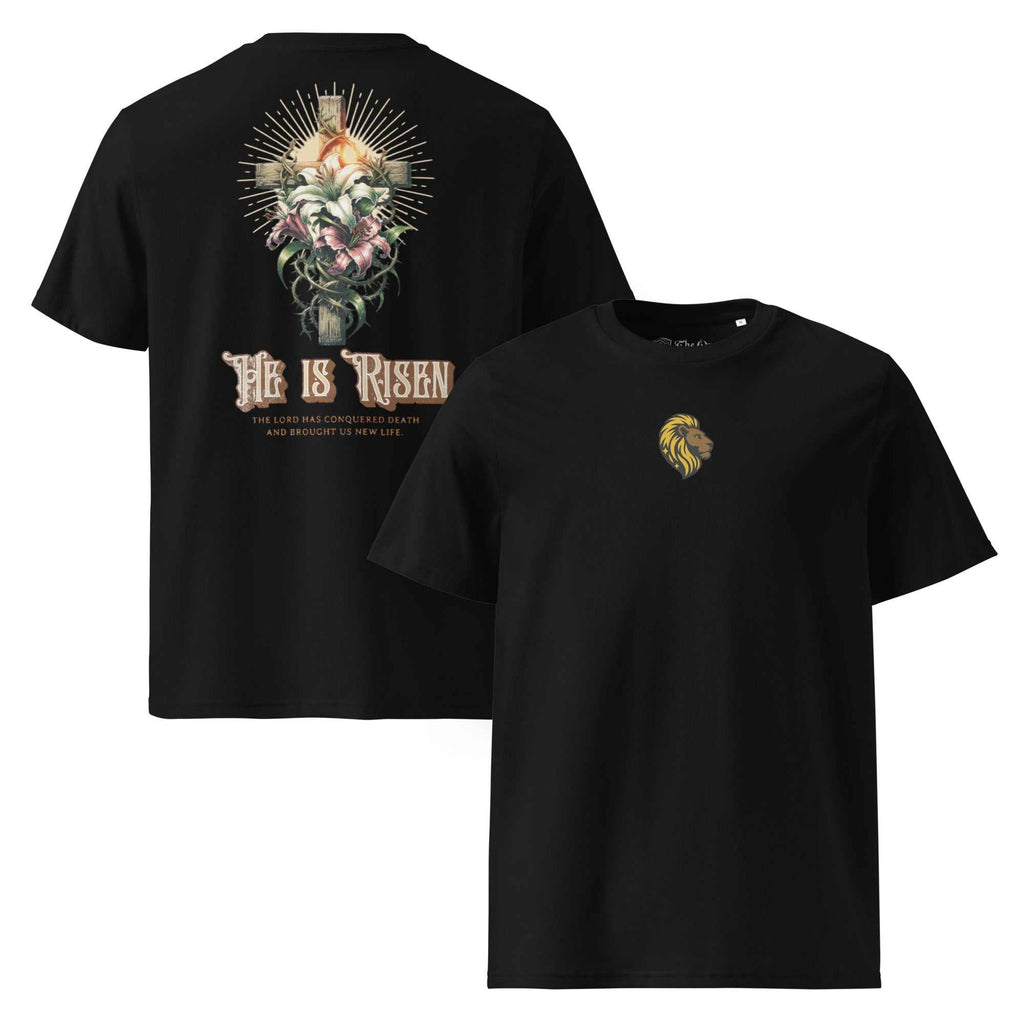 He is Risen T-Shirt: Christian Cross & Floral Design, Lion Emblem, Organic Cotton - The One PR