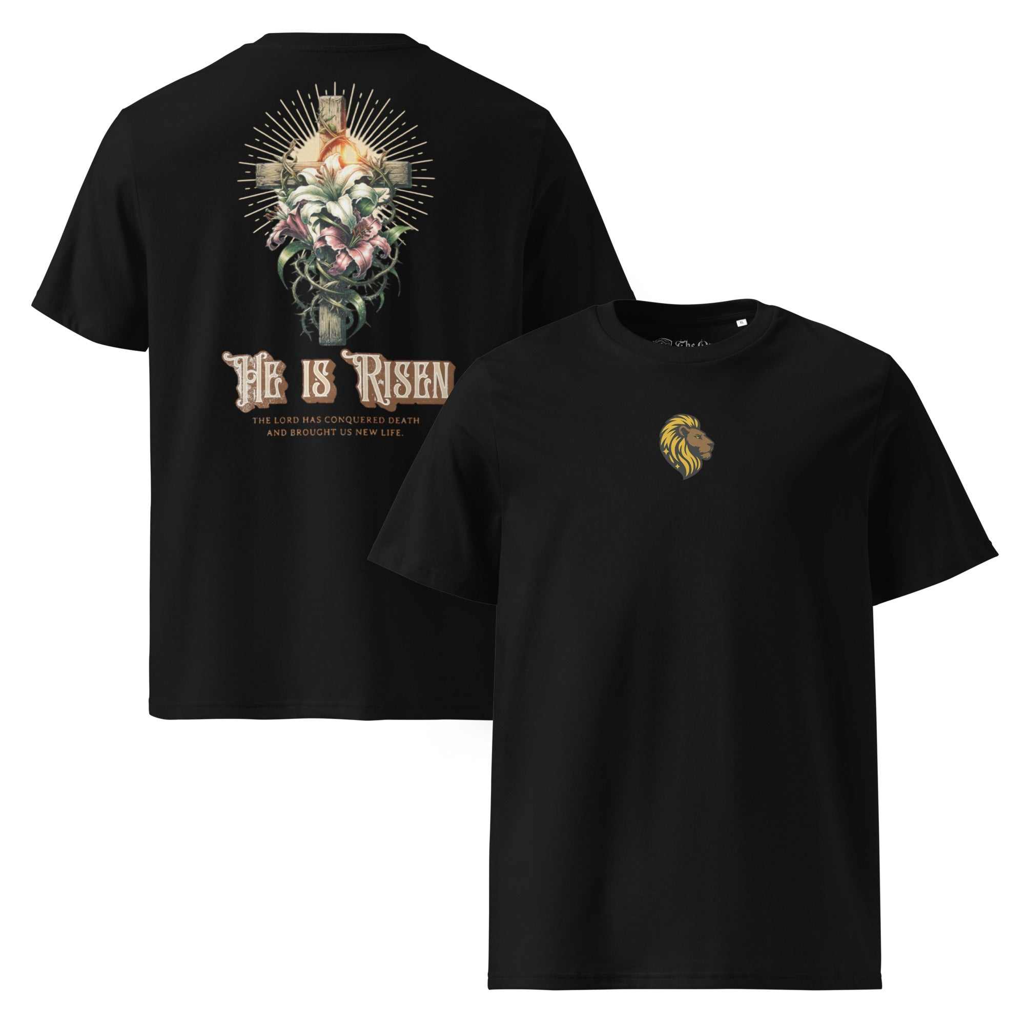 He is Risen T-Shirt: Christian Cross & Floral Design, Lion Emblem, Organic Cotton - The One PR