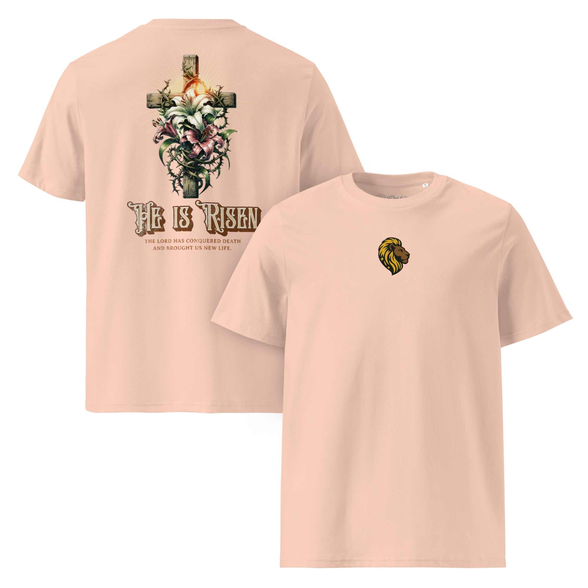 Christian T-Shirt: He is Risen Easter Tee, Jesus Lion, Organic Cotton Religious Shirt