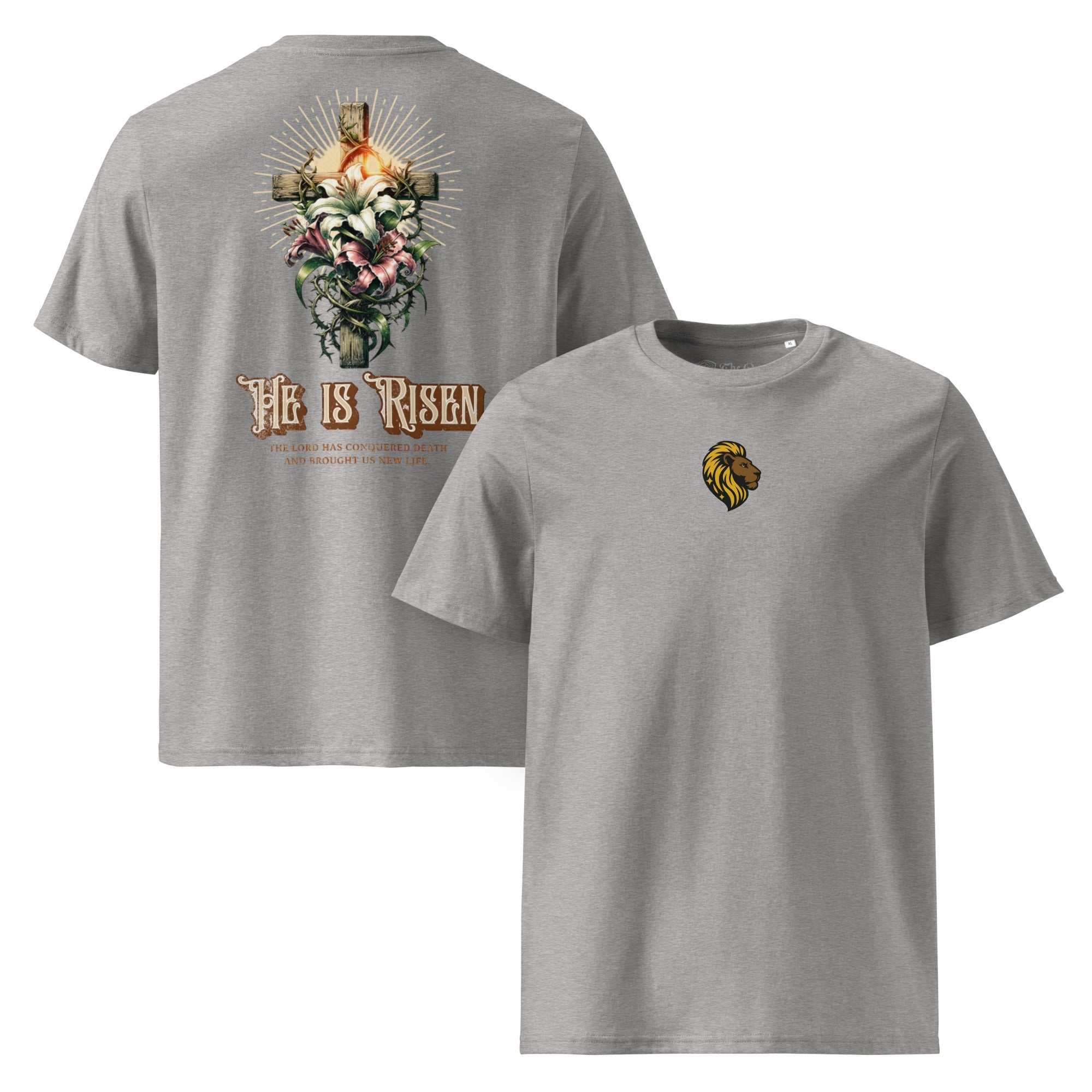 He Is Risen Christian T-Shirt: Easter, Lion, Cross & Floral Design. Organic Cotton Tee.