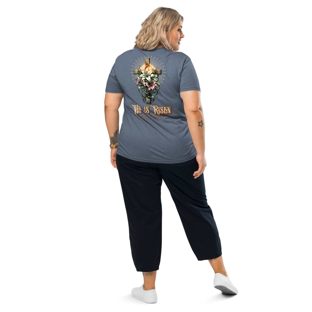 He is Risen T-shirt: Women's organic cotton Easter shirt by The One PR. Religious apparel, floral cross design.