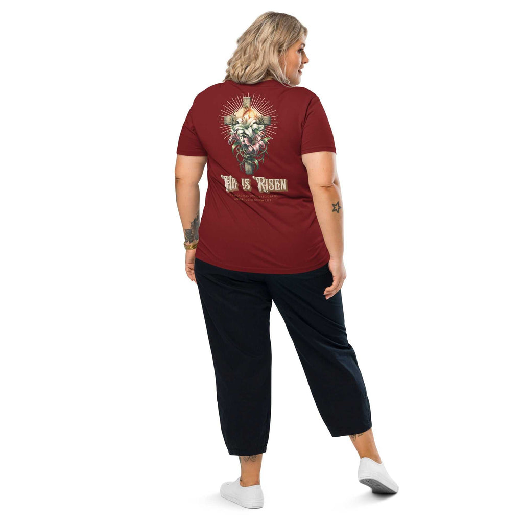 He Is Risen Christian T-Shirt - Floral Cross Back Print | The One PR - Women's Organic Easter Religious Shirt.