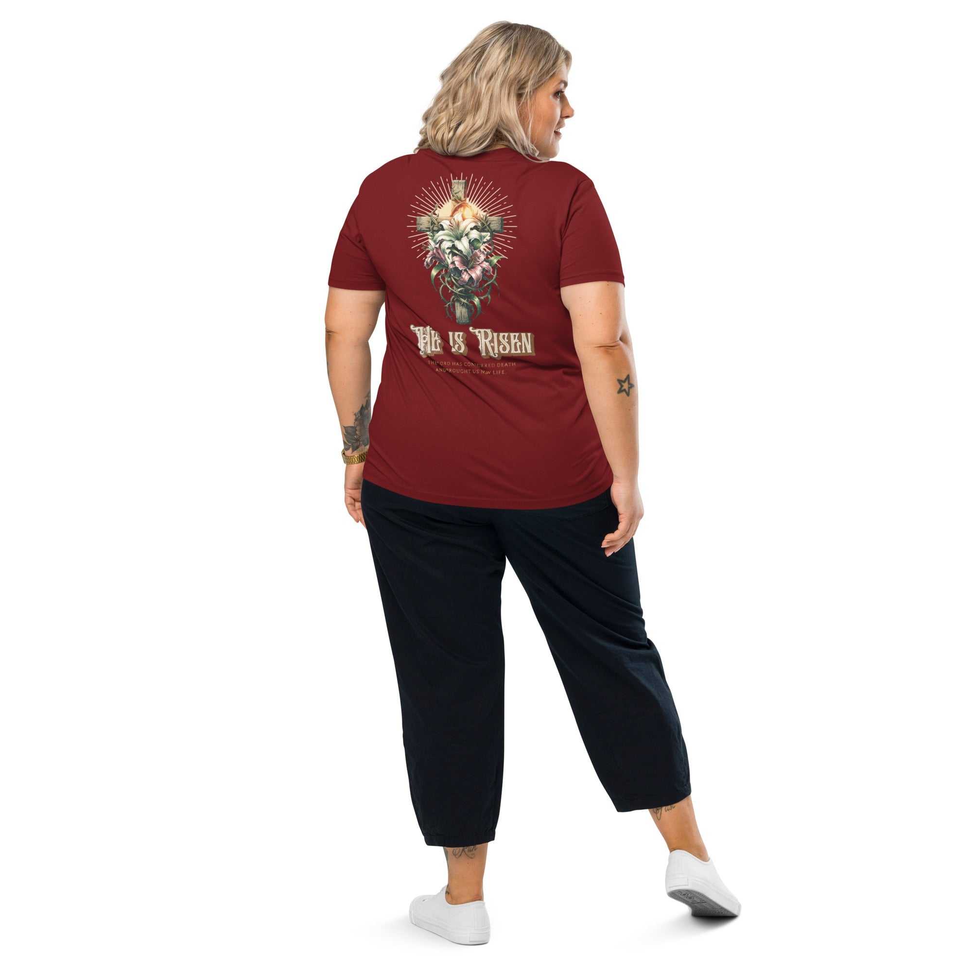 He Is Risen Christian T-Shirt - Floral Cross Back Print | The One PR - Women's Organic Easter Religious Shirt.