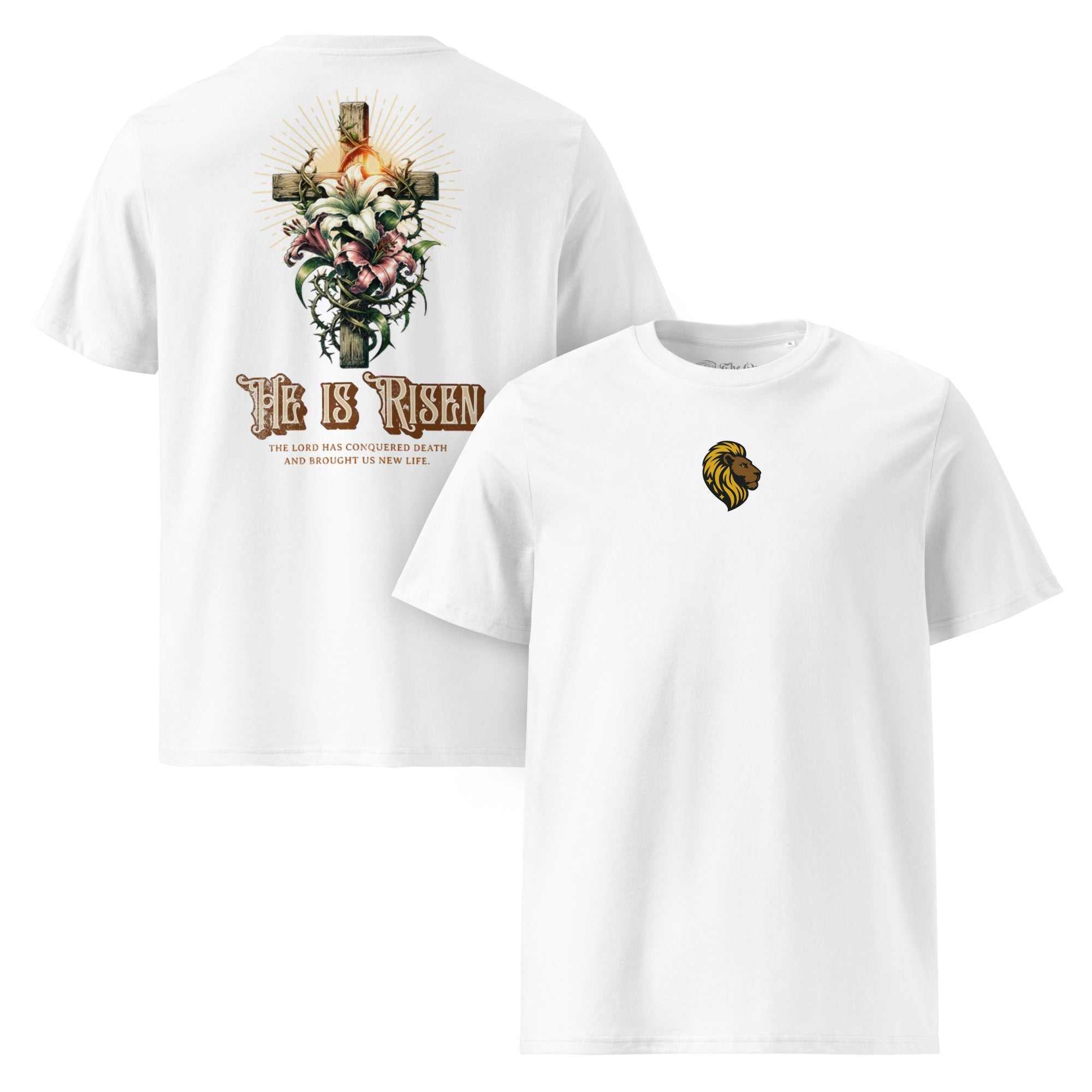 Christian Easter Shirt: He is Risen, Cross & Flowers, Lion of Judah T-Shirt | Religious Apparel