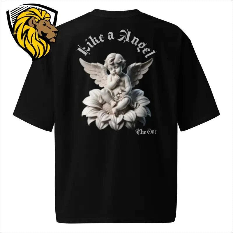 Black Like a Angel unisex oversize shirt with angel graphic and text on back in streetwear style