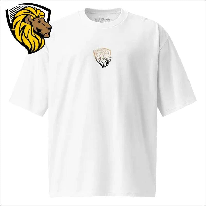White Love What You Do oversized unisex t-shirt with small lion logo on chest and larger lion emblem on top left corner