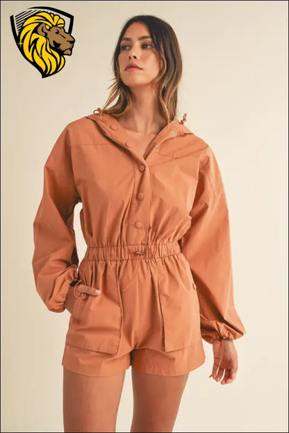 Mable Snap Down Long Sleeve Hooded Romper