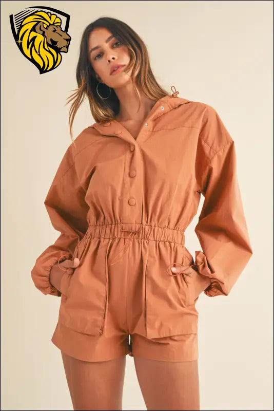 Mable Snap Down Long Sleeve Hooded Romper - Tan / S