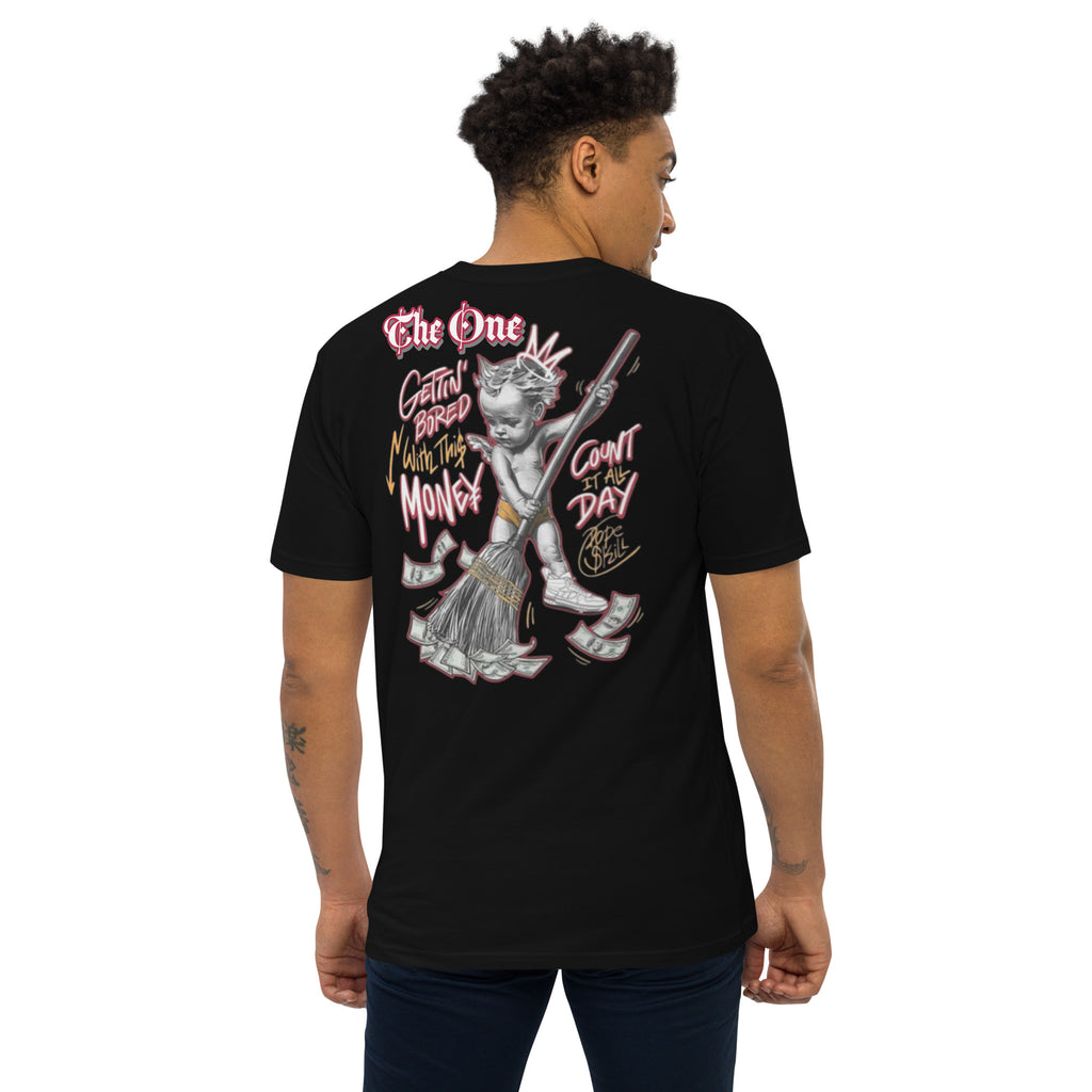 The One PR MONEY ANGEL Black Premium Heavyweight T-Shirt. "Gettin' Bored" Money Graphic Tee. Unique Streetwear Fashion.