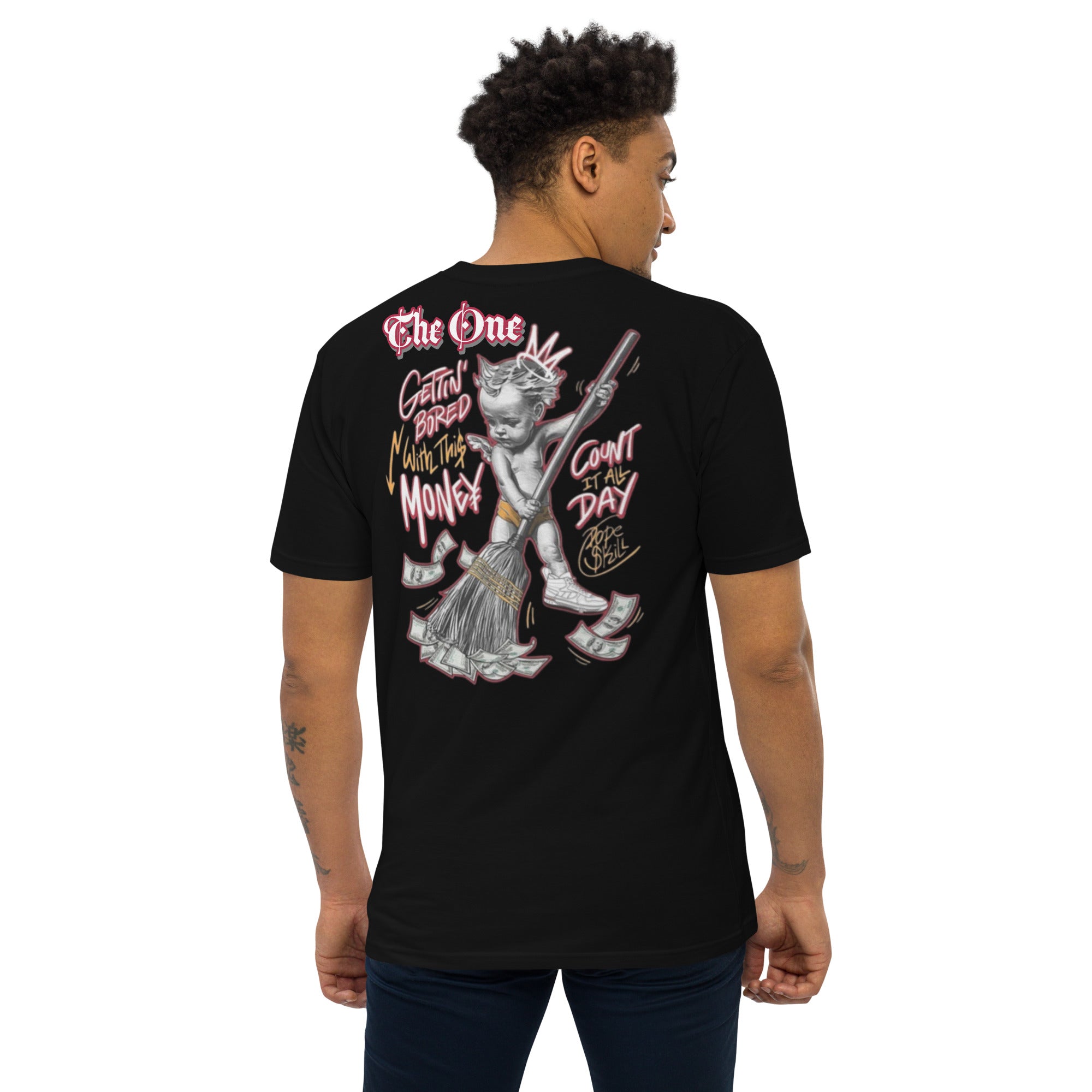 The One PR MONEY ANGEL Black Premium Heavyweight T-Shirt. "Gettin' Bored" Money Graphic Tee. Unique Streetwear Fashion.