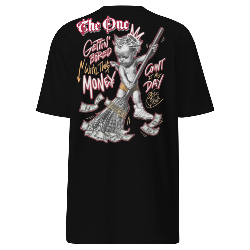Black T-Shirt with Money Angel Graphic: "The One" Streetwear Design