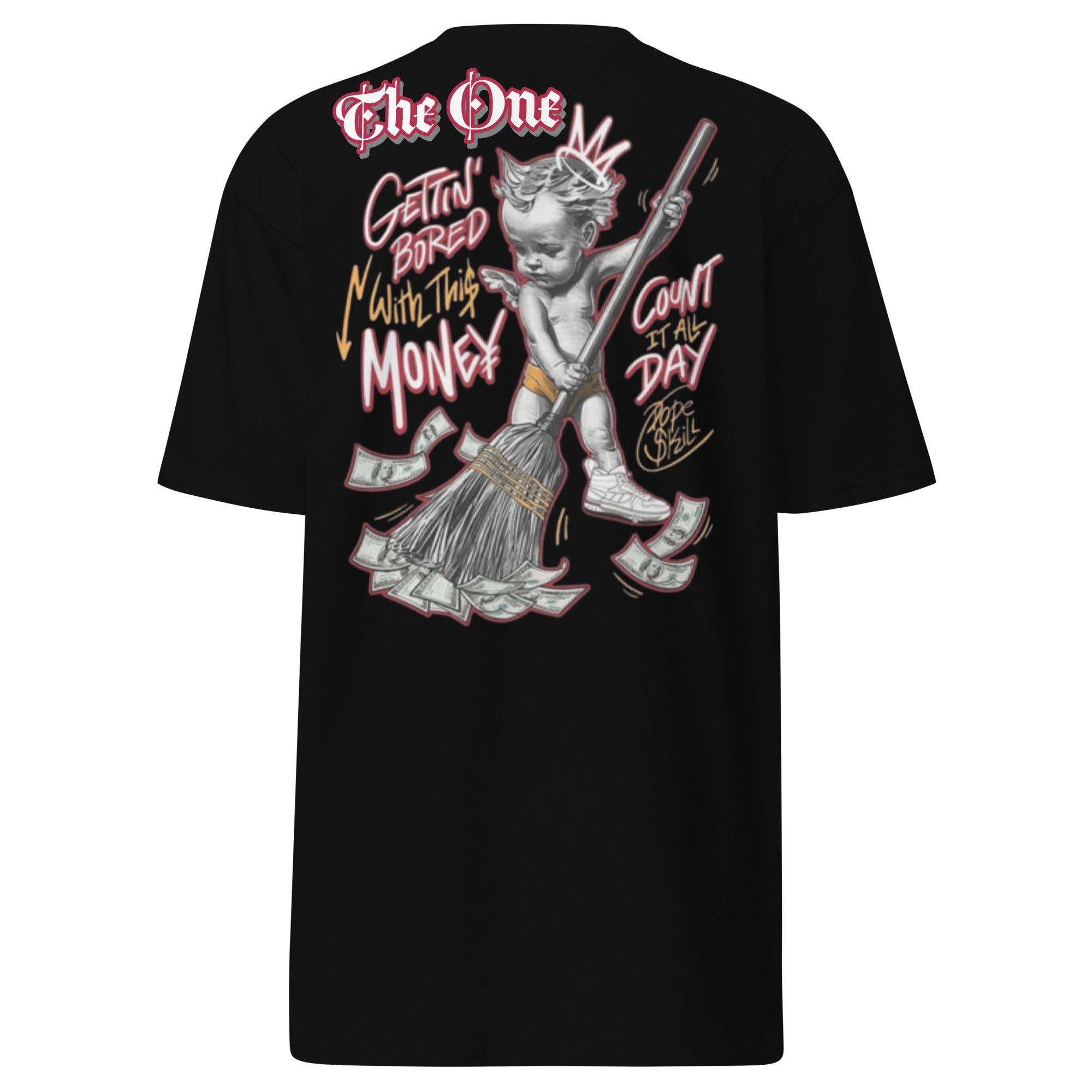 Black T-Shirt with Money Angel Graphic: "The One" Streetwear Design