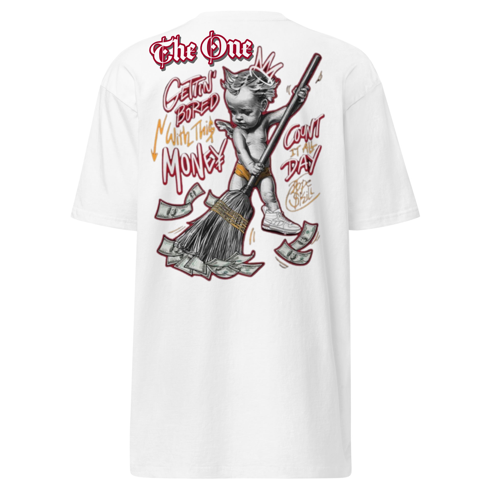 The One PR White T-Shirt: Angel Sweeping Money Graphic Tee | Designer Clothing