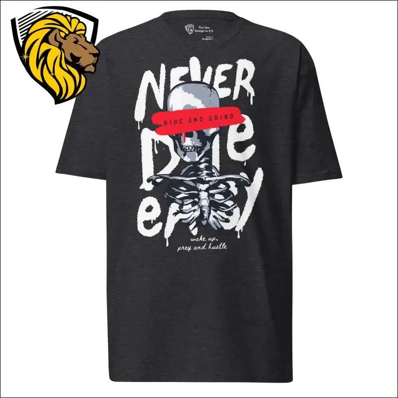 Never Die Easy• 100% combed ring-spun cotton
• Charcoal Heather and Carbon Grey is 60% cotton and 40% polyester
• Fabric weight: 6.5 oz/yd² (220 g/m²)
• Regular fit
• Side-seamed The One PR