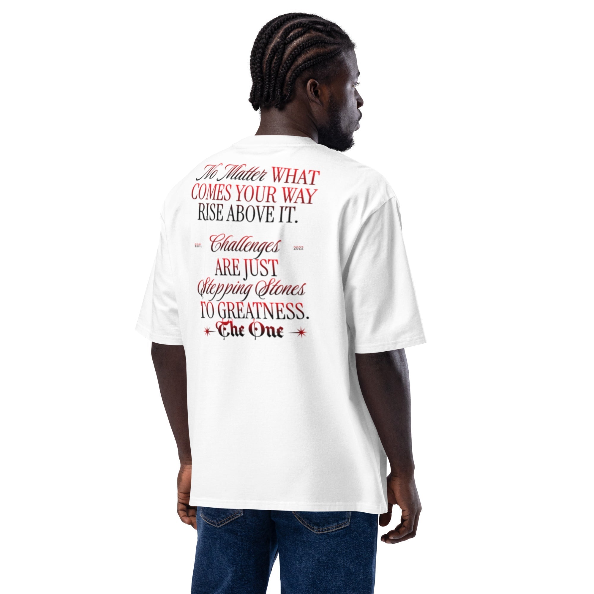 Unisex oversized t-shirt with motivational text, soft premium cotton fabric, oversized fit, and streetwear style