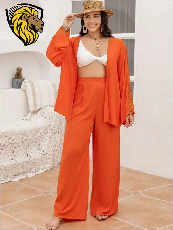 Plus Size Lace Detail Long Sleeve Top and Pants Set - Orange / 0XL - Set