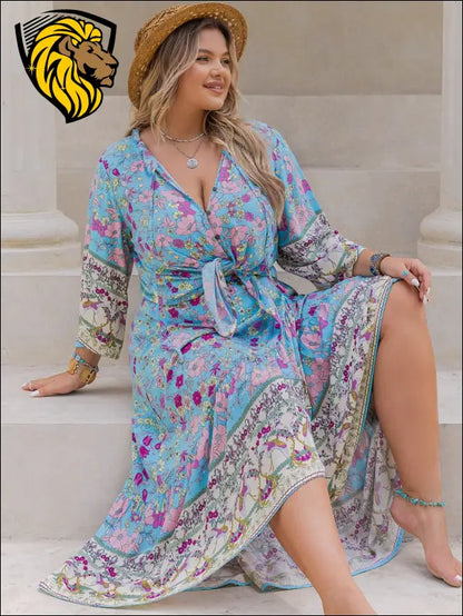 Plus Size Printed Tie Neck Top and Skirt Set - Dresses