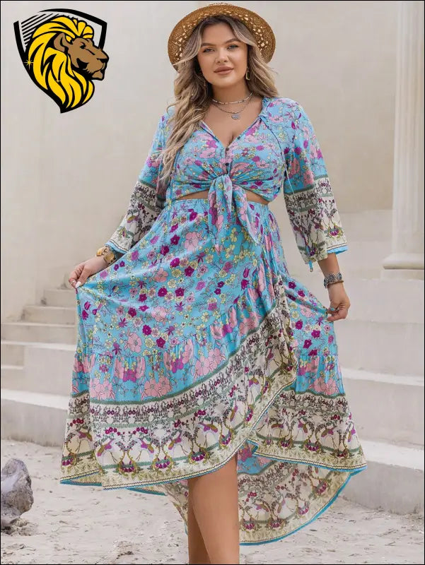 Plus Size Printed Tie Neck Top and Skirt Set - Dresses