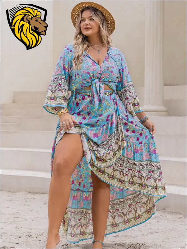 Plus Size Printed Tie Neck Top and Skirt Set - Dresses