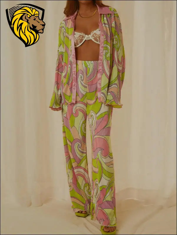 Printed Collared Neck Long Sleeve Top and Pants Lounge Set - Yellow-Green / S - Set