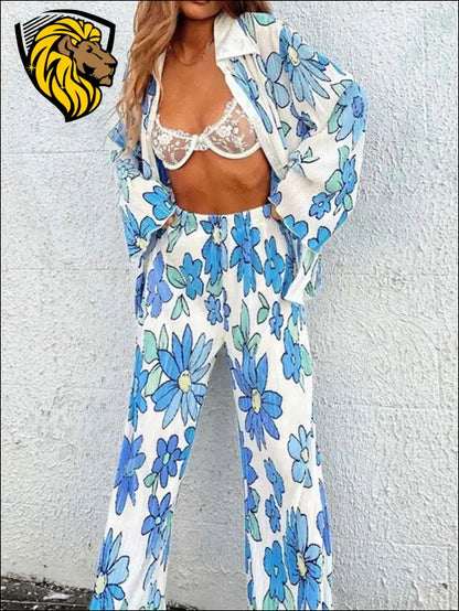 Printed Collared Neck Long Sleeve Top and Pants Lounge Set - Set