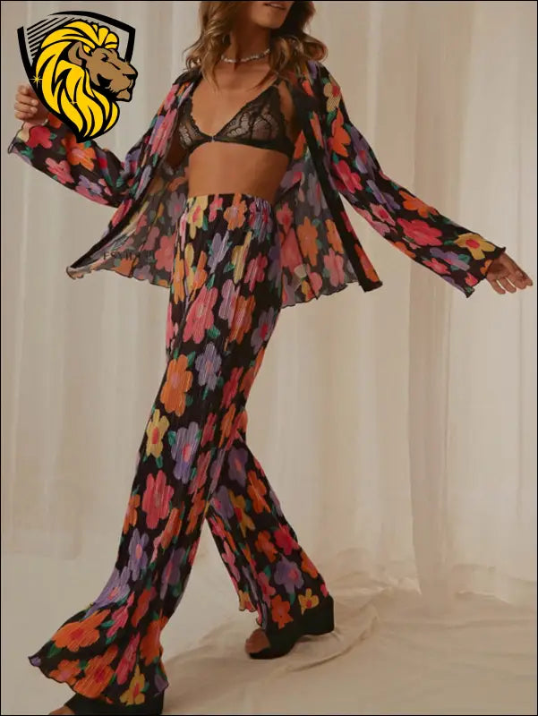 Printed Collared Neck Long Sleeve Top and Pants Lounge Set - Set