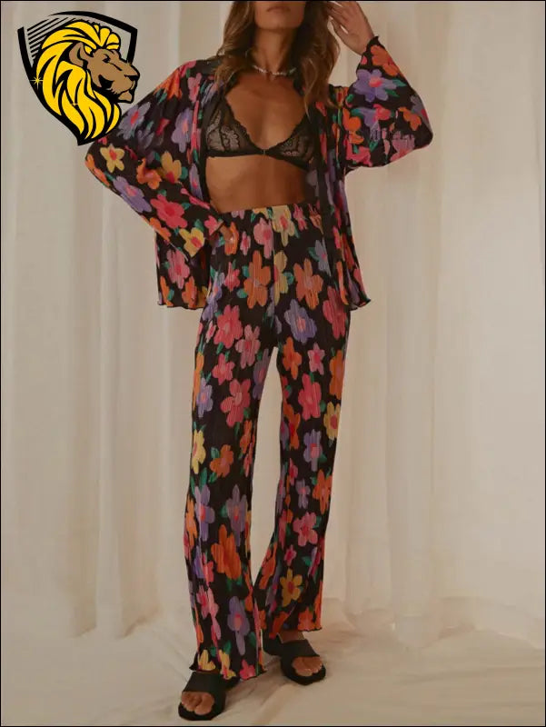 Printed Collared Neck Long Sleeve Top and Pants Lounge Set - Set