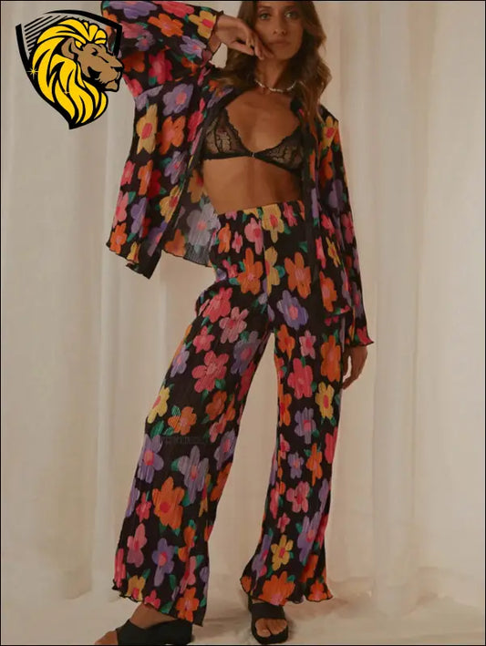 Printed Collared Neck Long Sleeve Top and Pants Lounge Set - Black / S - Set