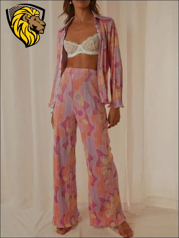 Printed Collared Neck Long Sleeve Top and Pants Lounge Set - Deep Rose / S - Set