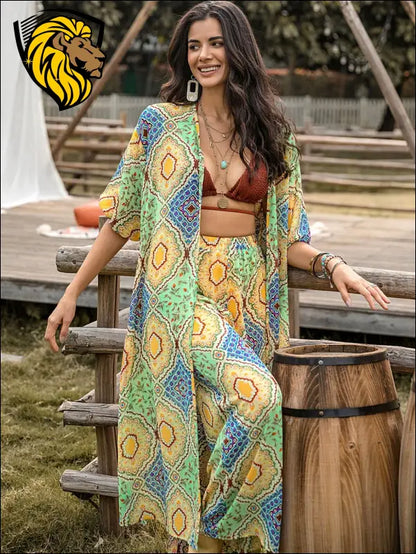 Printed Half Sleeve Top and Wide Leg Pants Set - Set