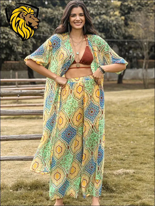 Printed Half Sleeve Top and Wide Leg Pants Set - Set