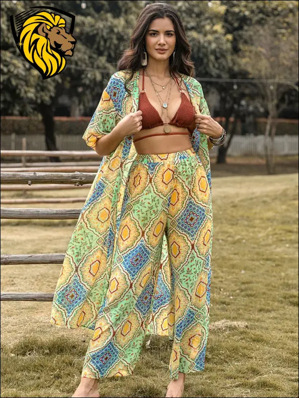 Printed Half Sleeve Top and Wide Leg Pants Set - Gum Leaf / S - Set