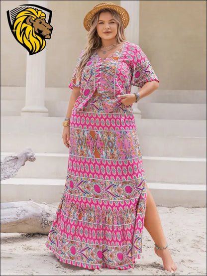 Plus Size Printed V-Neck Half Sleeve Top and Skirt Set - Hot Pink / 0XL - Dresses