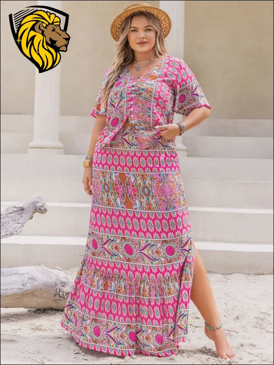 Plus Size Printed V-Neck Half Sleeve Top and Skirt Set - Hot Pink / 0XL - Dresses