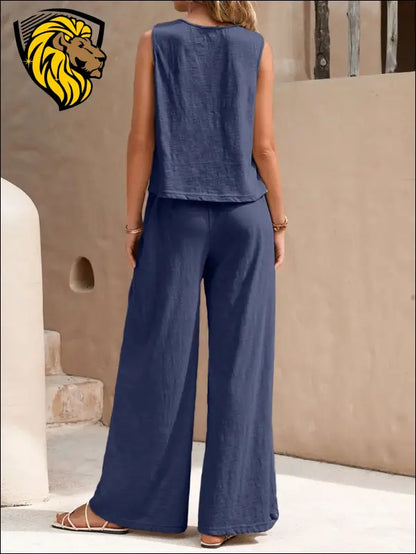 Round Neck Sleeveless Top and Wide Leg Pants Set - Set