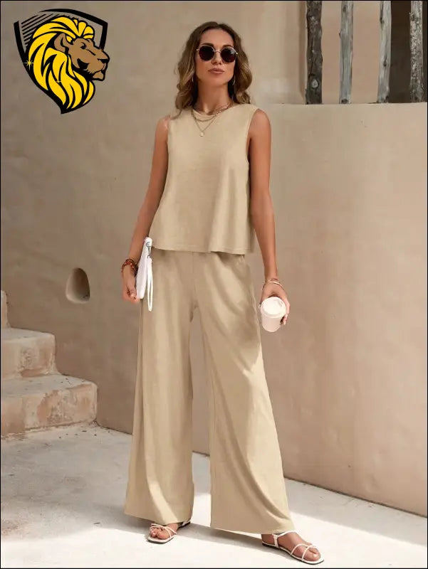 Round Neck Sleeveless Top and Wide Leg Pants Set - Set